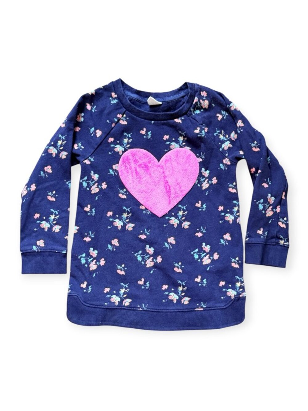 GAP Navy Floral Sweatshirt with Bright Pink Heart Patch